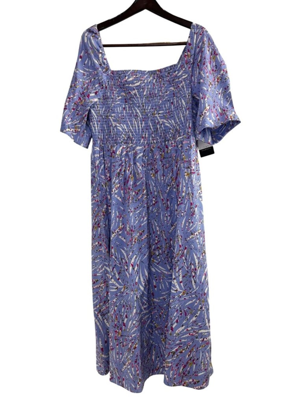 Eloquii Elements Floral Smocked Square-Neck Midi Dress Blue Multicolor Size 18